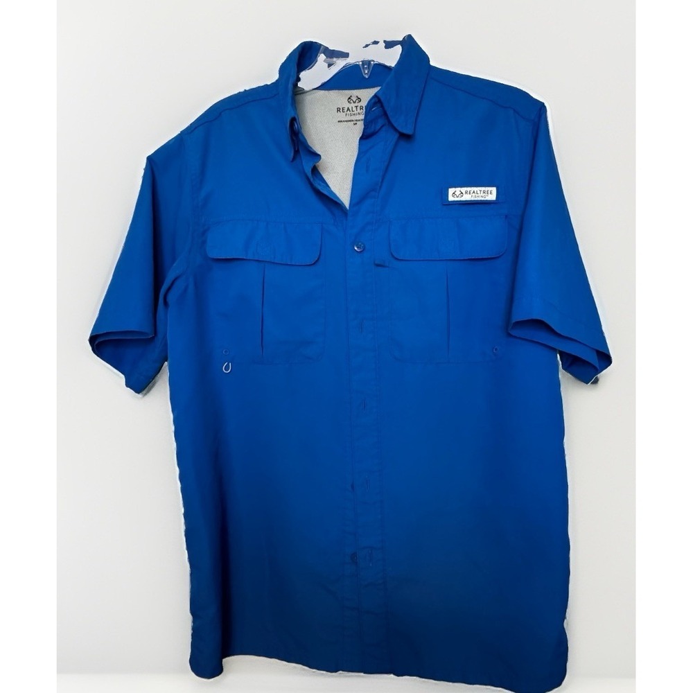 Realtree Fishing Mens Blue Short Sleeve Button Down Shirt Pockets Size S